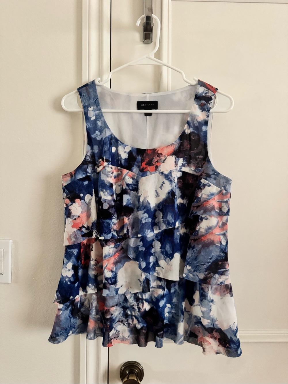 AB Studio Blue Floral Tiered Sleeveless Top with Pink Accents